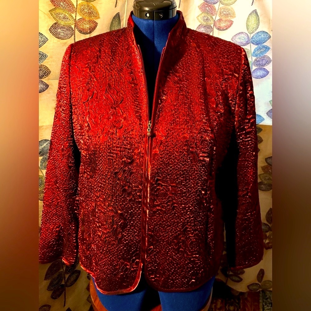 Laura Ashley Rich Red Shimmered Textured Blazer Rhinestone Zipper